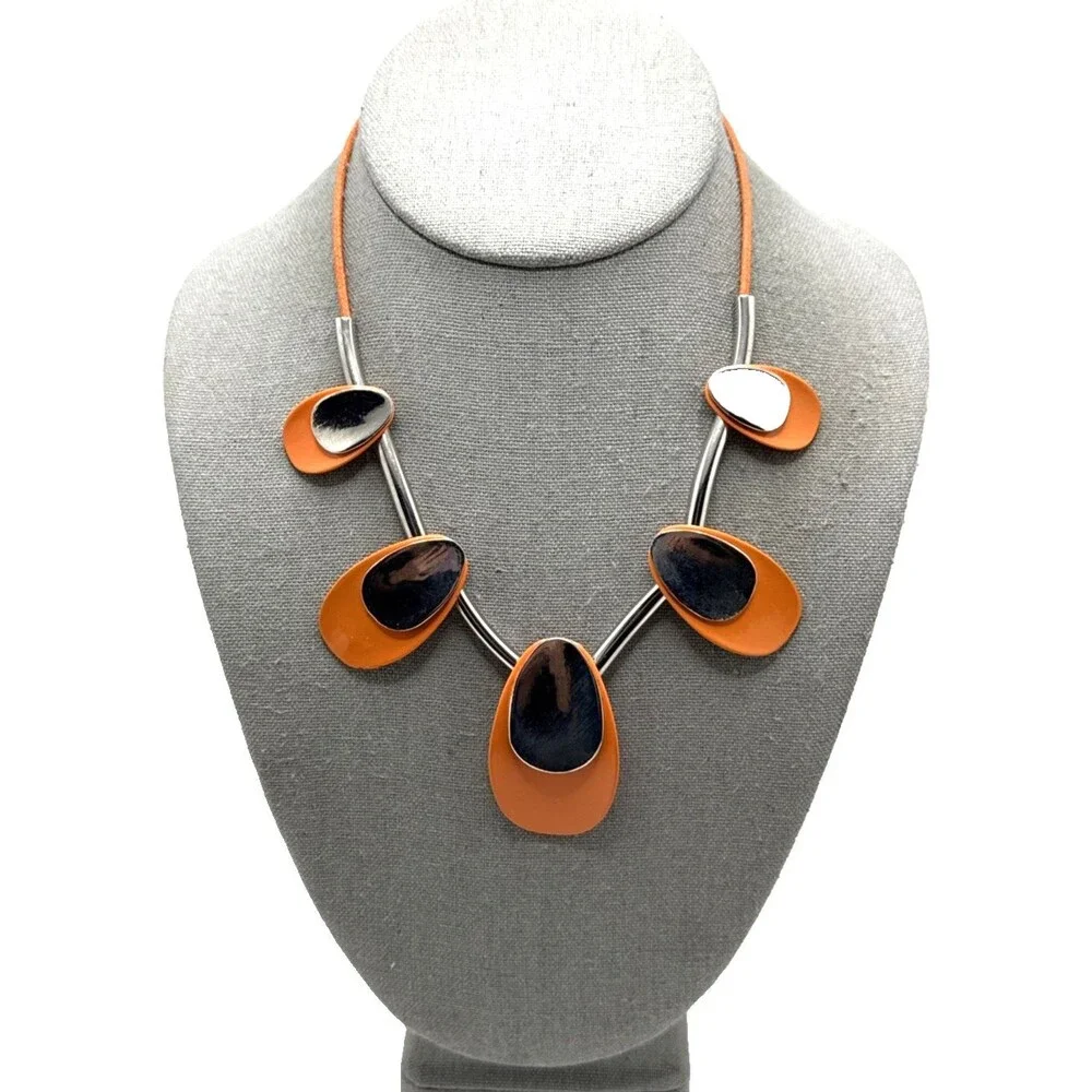 Orange & Silver Tone Enamel Bib Necklace Funky Psychedelic Statement 17